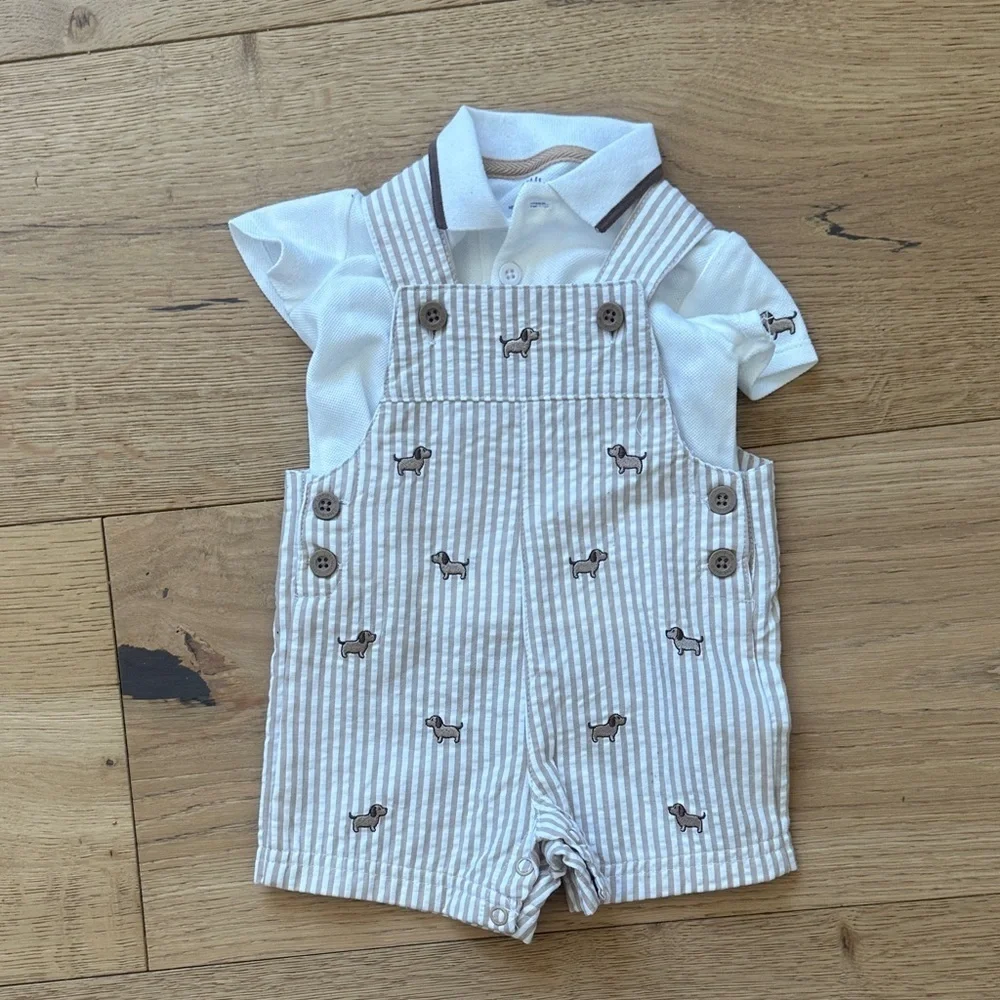 Little Me Beige Striped Overalls with White Collar
